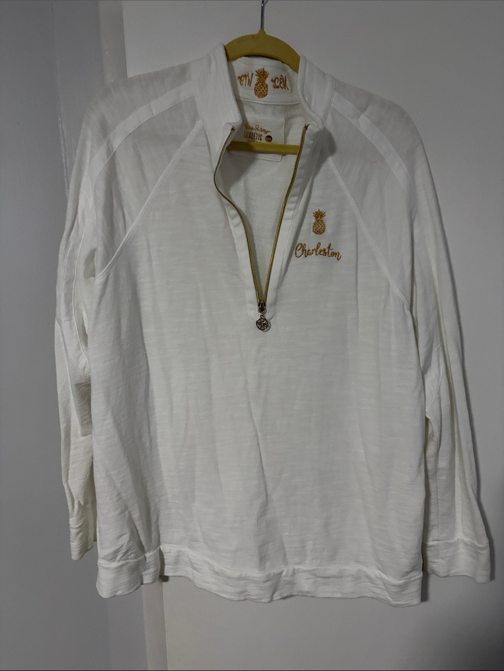 Lilly Pulitzer White Charleston Pullover with Gold Pineapple Embroidery